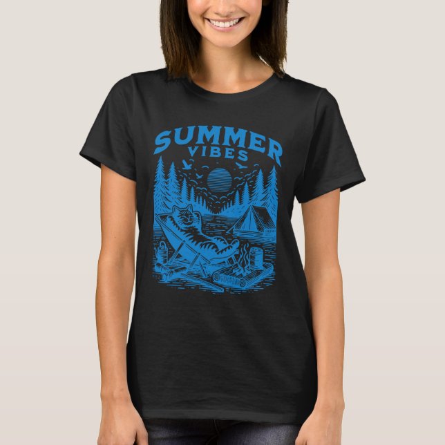 T-shirt Retro 90s Summer Vibes Cat Camping Funny Cat Meme (Devant)