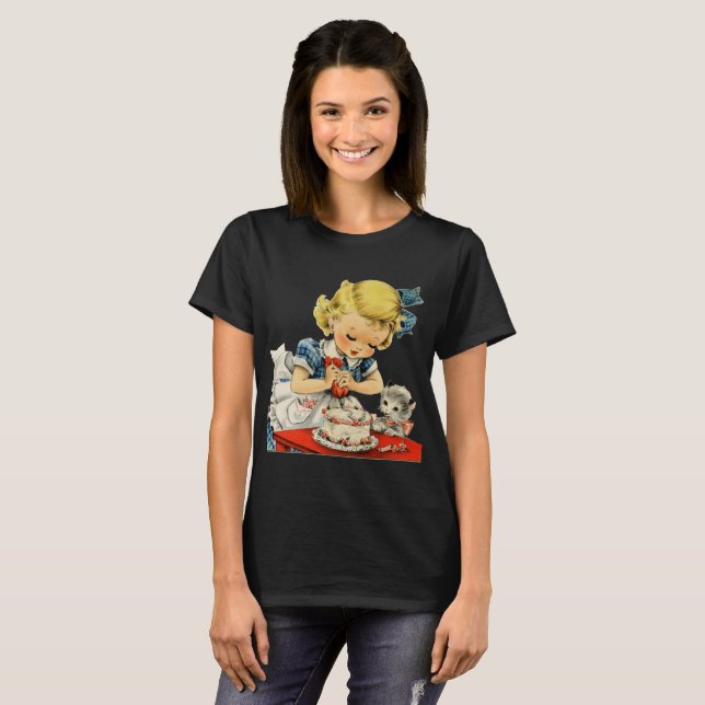T-shirt Rétro Anniversaire Fille Cake Cat Enfants Artwork (Devant entier)