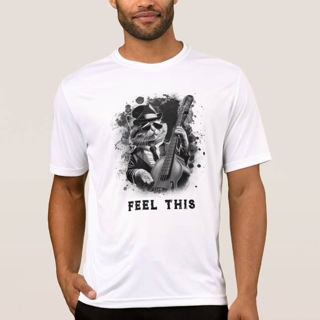 T-shirt *~* Retro AP91 Basse Guitare Lecteur Musique Chat (Devant)