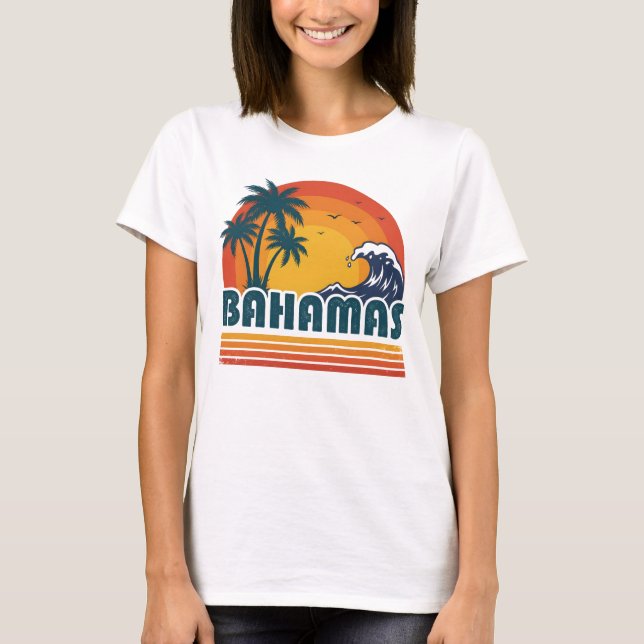 T-shirt Retro Bahamas Beach Summer Sunset 70s Palm Tree (Devant)