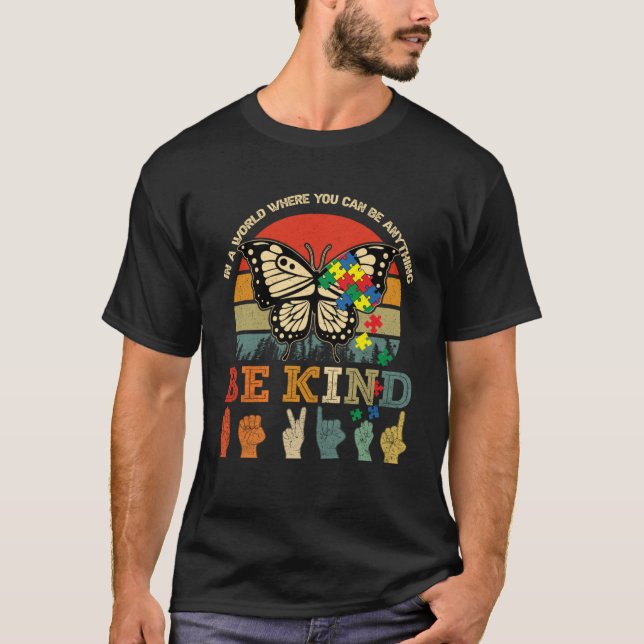 T-shirt Retro Be Kind Puzzle Papillon ASL Enseignant Autis (Devant)
