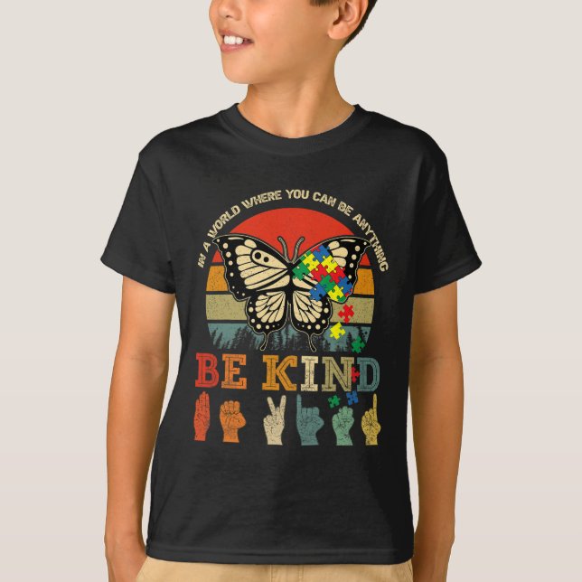 T-shirt Retro Be Kind Puzzle Papillon ASL Enseignant Autis (Devant)