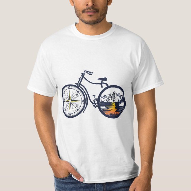 T-shirt Retro Bicycle with Compass and Mountains - Cycling (Devant)
