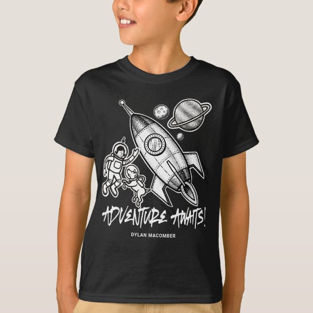 T-shirt Retro Black White Space Voyage fusée Astronaut T-- (Devant)