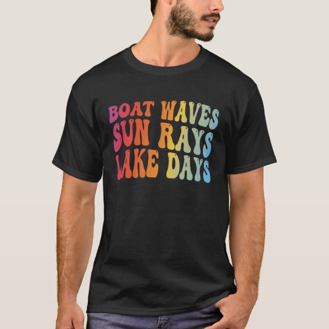 T-shirt Retro Boat Waves Sun Rays Lake Days Sailing Boat L (Devant)