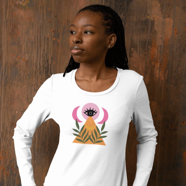 T-Shirt rétro boho lune œil moderne rose jaune (Créateur téléchargé)