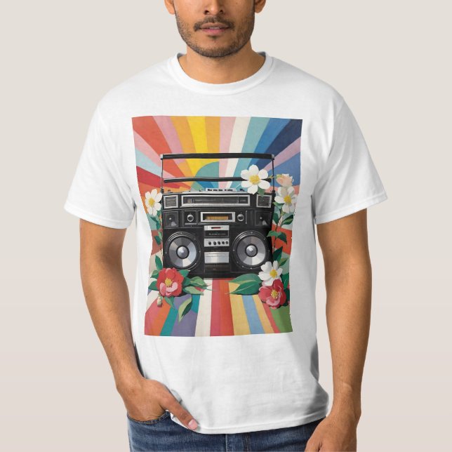 T-shirt Retro Boombox With Rainbows And Flowers (Devant)