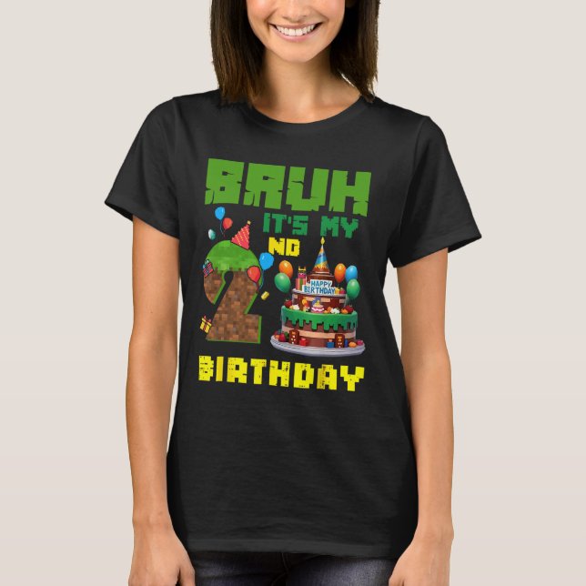 T-shirt Retro Bruh C'est mon 2e anniversaire Gâteau Pixel  (Devant)