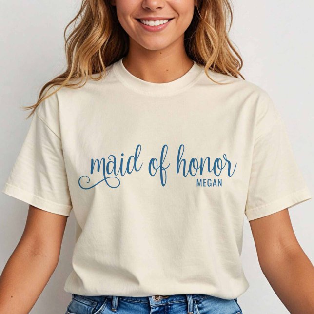 T-shirt Retro Calligraphy Blue Script Maid of Honor (Blue on Natural)