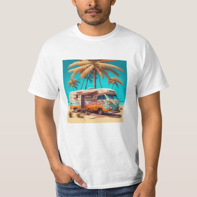 T-shirt Rétro camping-car et palmiers (Devant)