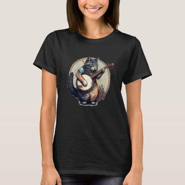 T-shirt Retro Cat Playing Banjo Cute Kitten Banjo Player C (Devant)