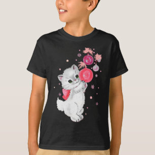 T-shirt Rétro Chat Kitten Joue Avec Ornement De Noël Rose