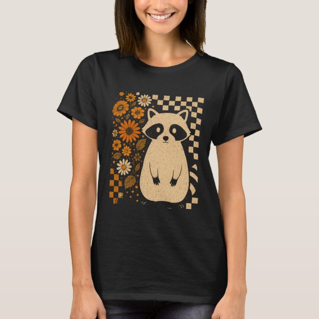 T-shirt Retro Checkered Halloween Raccoon (Devant)