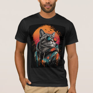 T-Shirt Rétro Chien Astronaute Cool Coucher de Sol