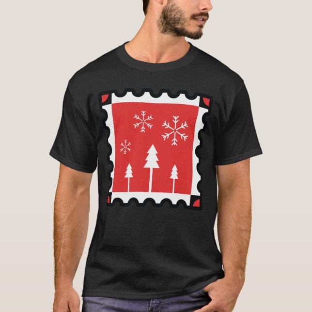 T-shirt Retro Christmas Forest Red Winter Pines & Snowfl (Devant)