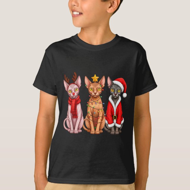 T-shirt Retro Christmas Sphynx Cat Santa Reindeer  (Devant)