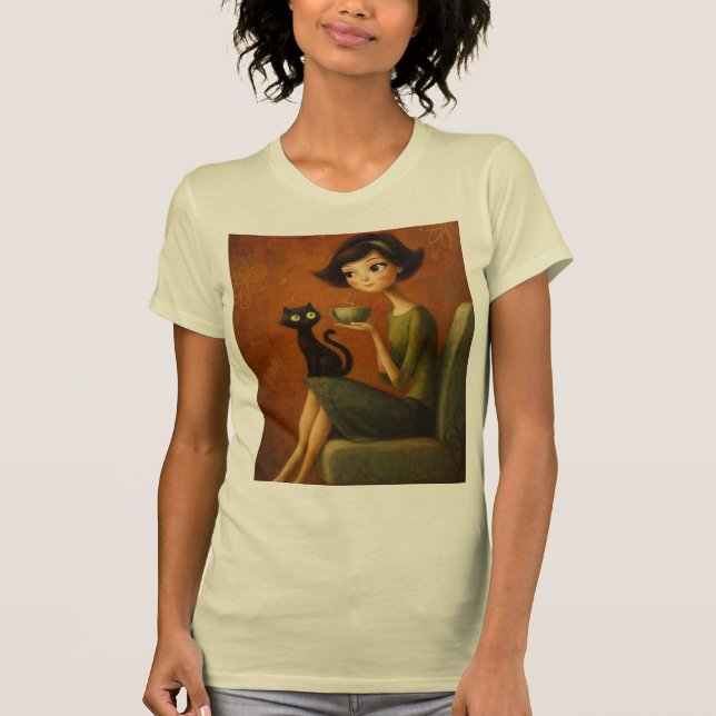 T-shirt Retro Cozy Morning Black Cat Aesthetic Tee (Devant)