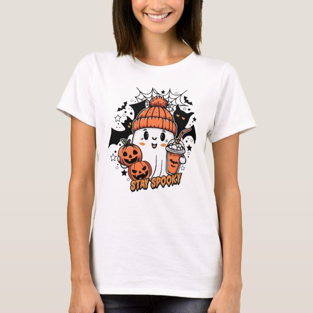 T-shirt Retro Cute Ghost Citrouille de café Éffrayant (Devant)