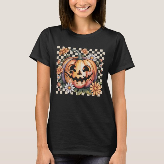 T-shirt Retro Daisy Jack O Lantern Pumpkin Halloween Check (Devant)