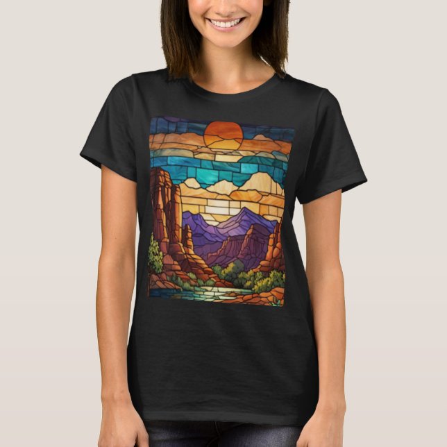 T-shirt Retro desert scene Sedona mountains stainglass art (Devant)