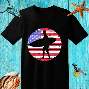 T-shirt Retro design Surfer with a board and USA flag