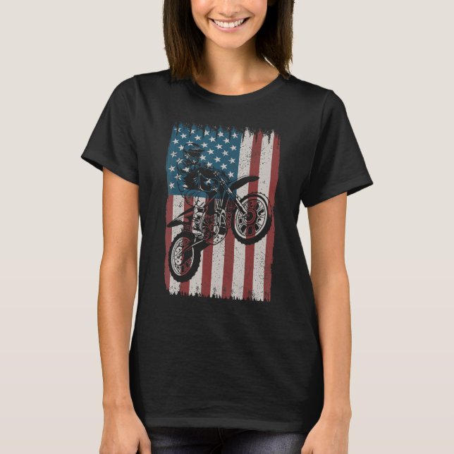 T-shirt Retro Dirt Bike American Flag Motocross Biker 4th  (Devant)