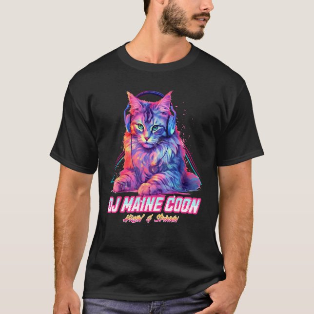 T-shirt Retro DJ Maine Coon Cat Headphones Music Chill Wav (Devant)