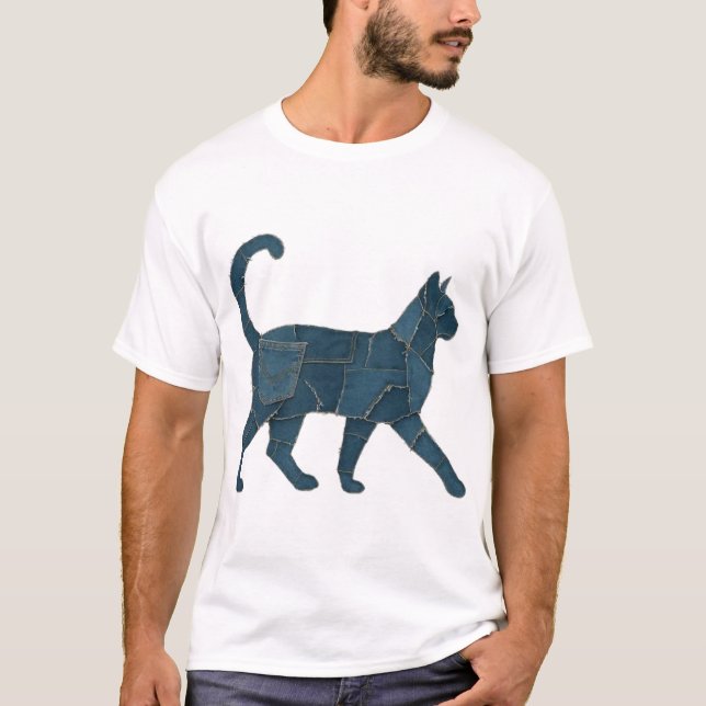 T-Shirt Rétro Drôle Patch en Denim Animal Chat (Devant)