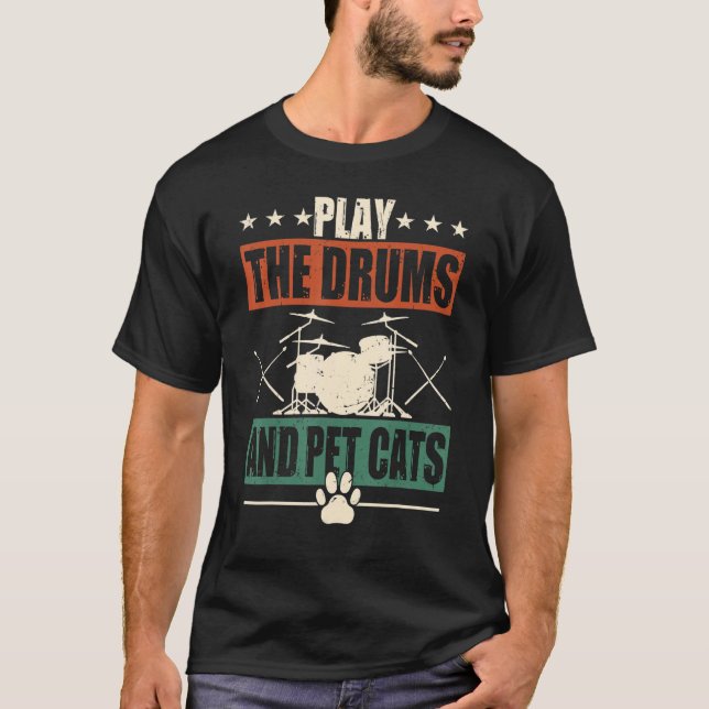 T-shirt Retro Drummer Drumming Drums Percussion Cat Lover (Devant)