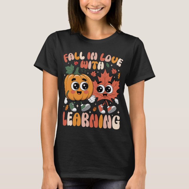 T-shirt Retro Fall In Love With Learning Automne Citrouill (Devant)