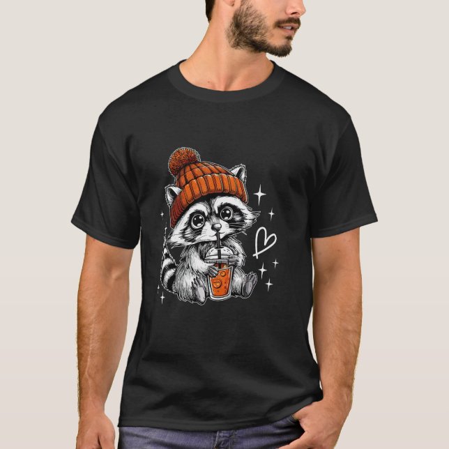 T-shirt Retro Fall Racoon Café Feral Racoon Citrouille Aut (Devant)