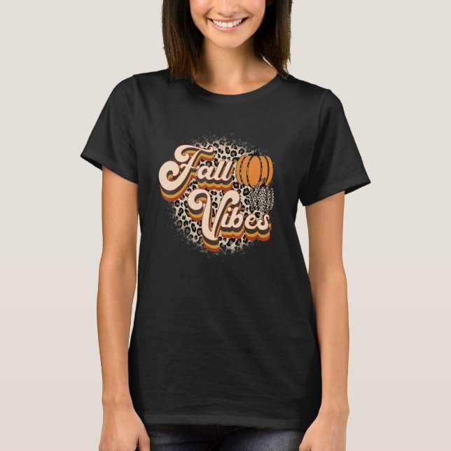 T-shirt Retro Fall Vibes Leopard Pumpkin Happy Thanksgivin (Devant)