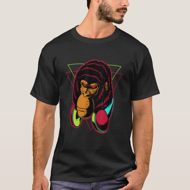 T-shirt Retro Funky Rave DJ Gorilla Ape Head (Devant)