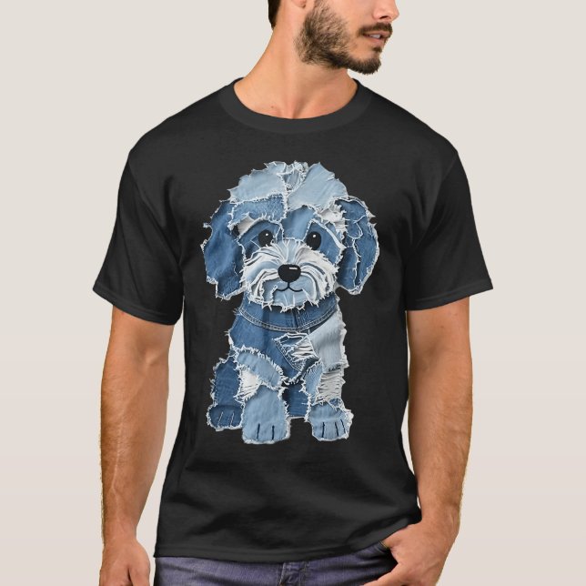 T-shirt Retro Funny Denim Patch Animal Dog Print  (Devant)
