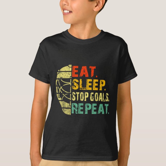 T-shirt Retro Funny Eat Sleep Stop Goals Repeat Ice Hockey (Devant)