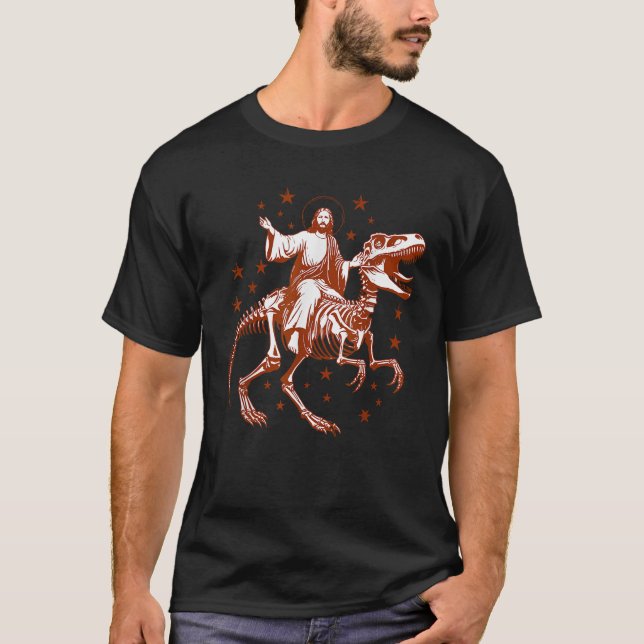 T-shirt Retro Funny Jesus équitation Squelette Dinosaure C (Devant)