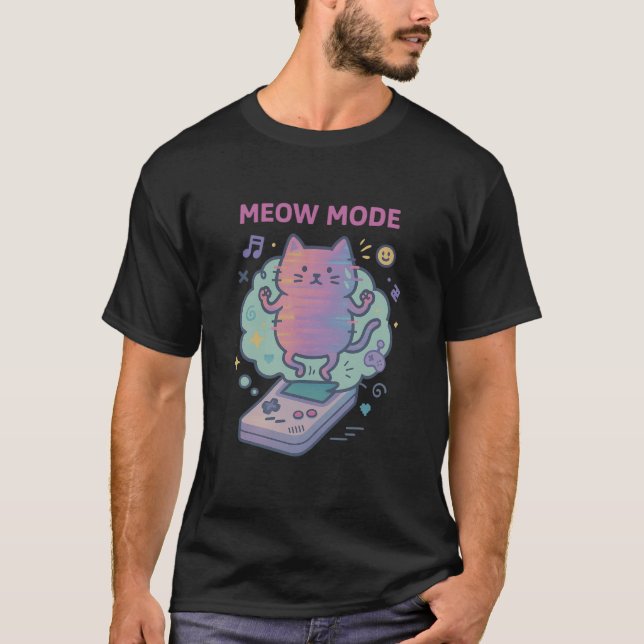 T-shirt Retro GameBoy Console Kawaii Cat Gamer "MEOW MODE" (Devant)