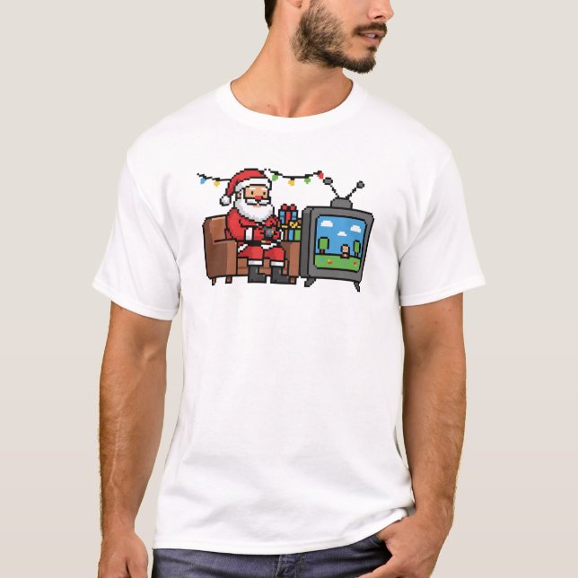 T-shirt Retro Gamer Santa Pixel Christmas (Devant)