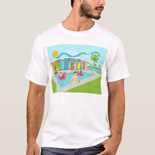 T-shirt Retro Gay Pink Flamant rose Pool Party (Devant)