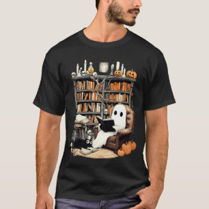 T-shirt Retro Ghost Reading Books Halloween