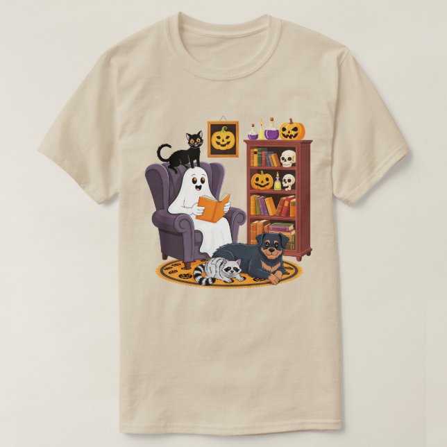 T-shirt Retro Ghost Reading Books with Black Cat Raccoon  (Design devant)