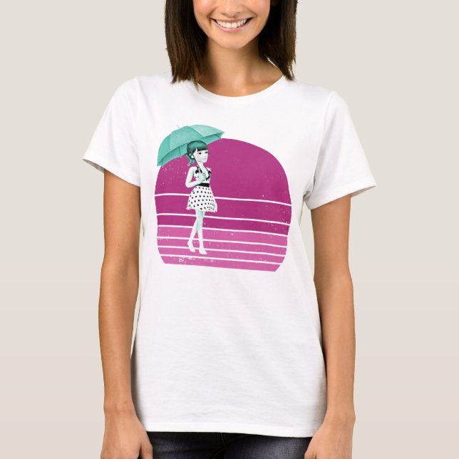 T-shirt Retro Girl avec parapluie et coucher de soleil vin (Devant)