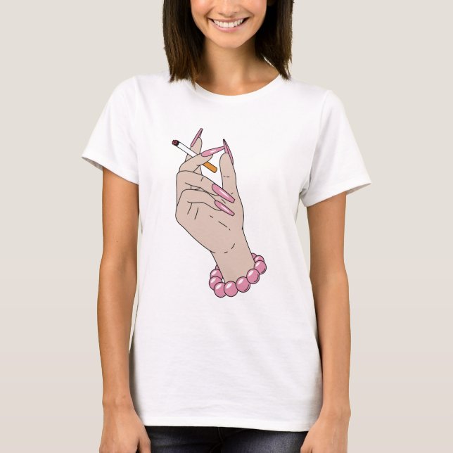 T-shirt Retro Glam Hand Illustration Pink Nails Smoking  (Devant)