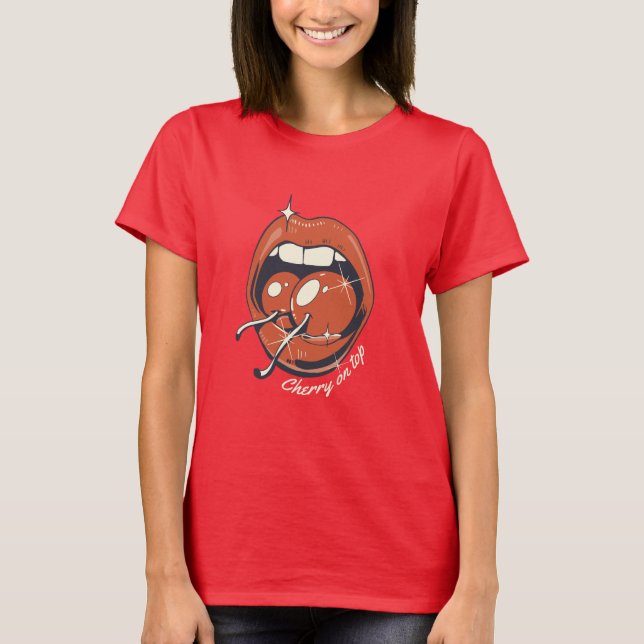 T-Shirt Rétro Graphique Lèvres Rouges Cerise (Devant)