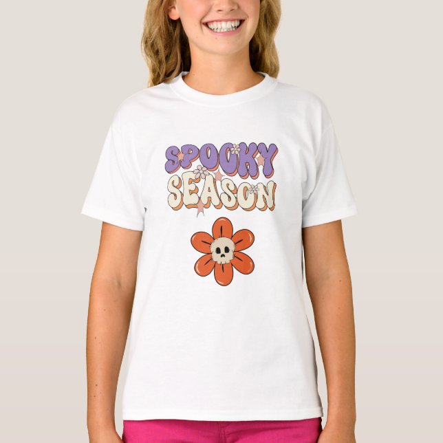 T-shirt  Retro Groovy cute flower  Halloween orang purple (Devant)