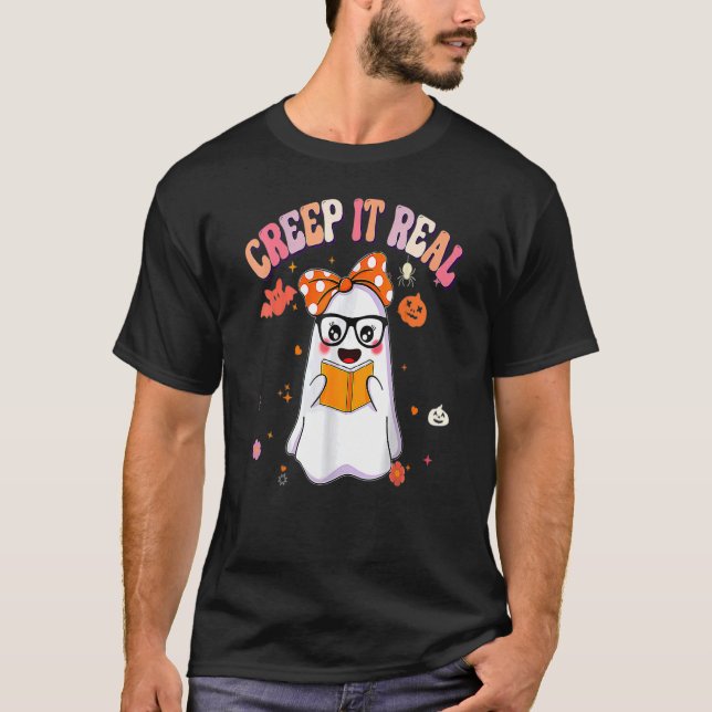 T-shirt Retro Groovy Halloween Creep It Real  Ghost Readin (Devant)