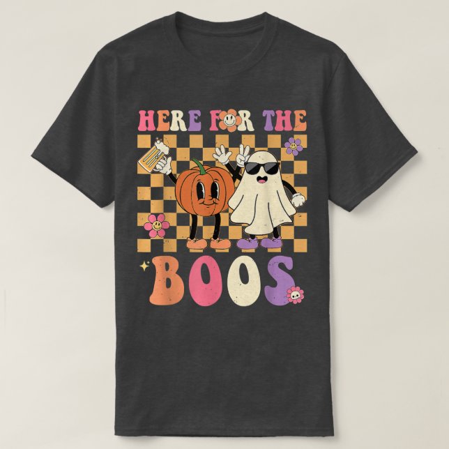 T-shirt Rétro Groovy Here For The Boos Funny Punpkin Ghost (Design devant)