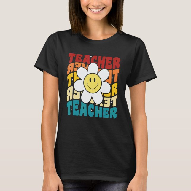 T-shirt Retro Groovy Teacher Happy Daisy Inspirational Col (Devant)