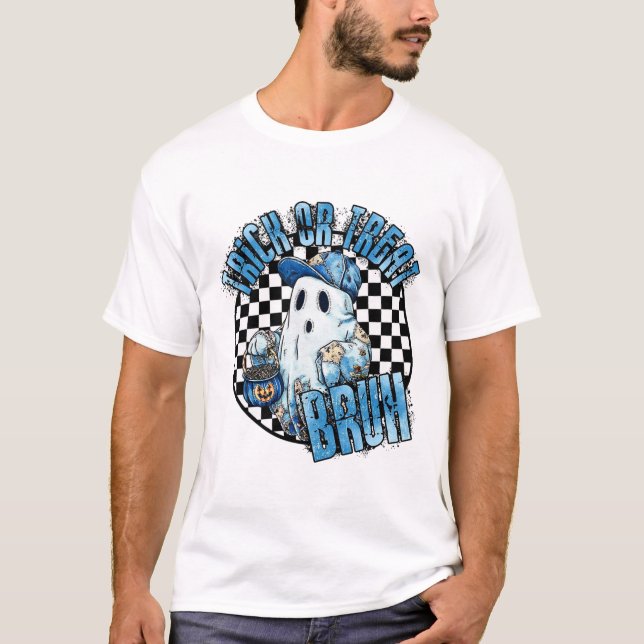 T-shirt Retro Halloween Blue Denim Patchwork Éffrayant Fan (Devant)