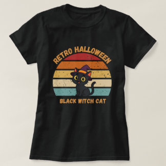 T-shirt Rétro Halloween Chat de sorcière noire Sunset Vint